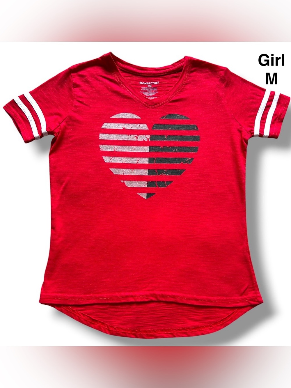 boxercraft Red V‑Neck Tee with Striped Heart Graphic size M